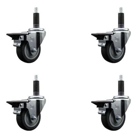 Service Caster 3.5'' Thermoplastic Rubber Swivel 1'' Expanding Stem Caster Set with Brake, 4PK SCC-EX20S3514-TPRB-PLB-1-4